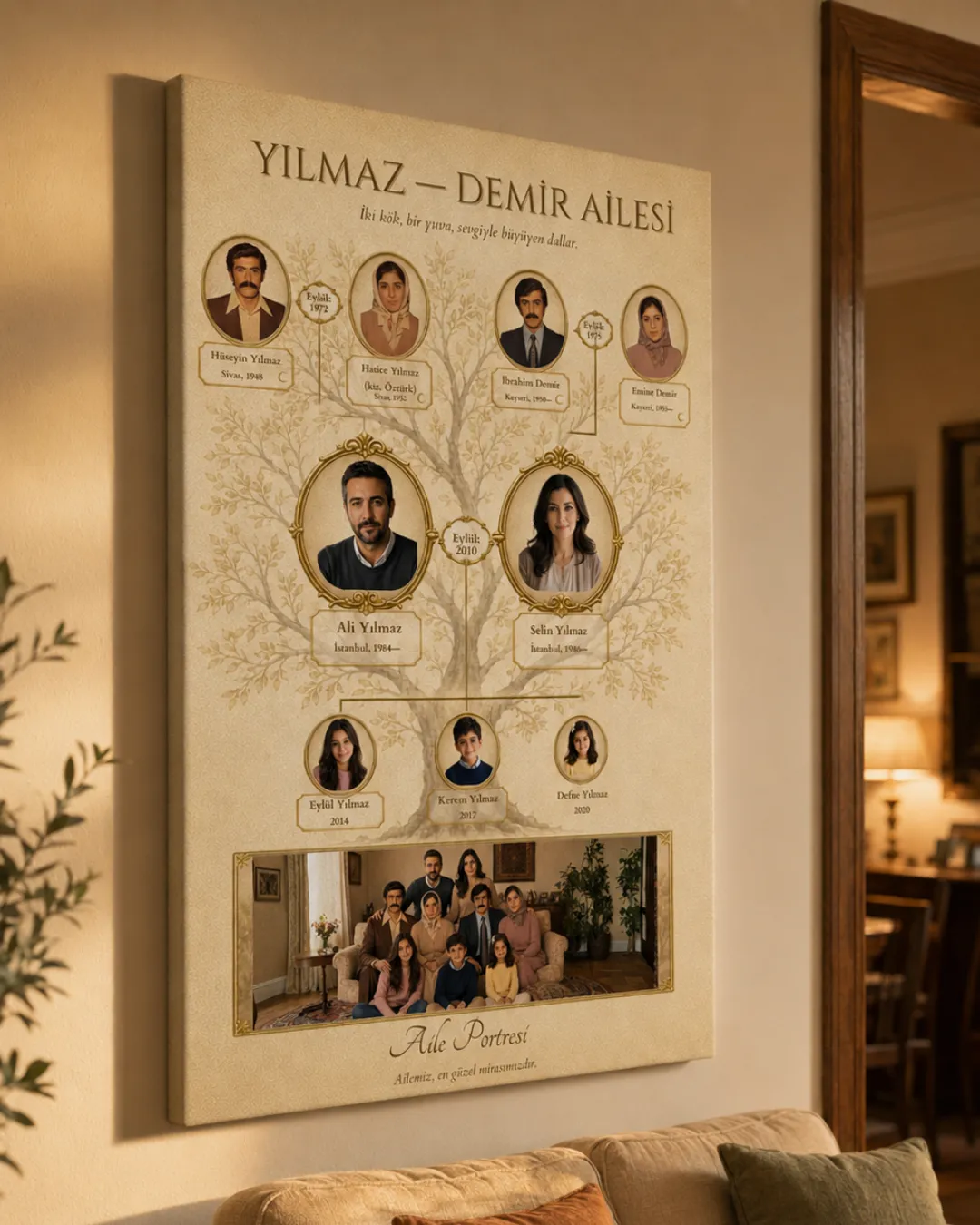 Kişiye özel hazırlanmış aile ağacı kanvas tablosu örneği